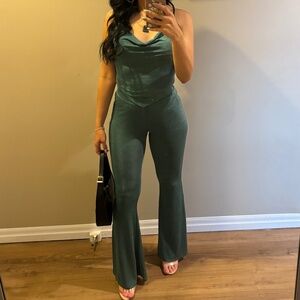 Halter top, flare pants, silky 2 piece women’s size small sage green
